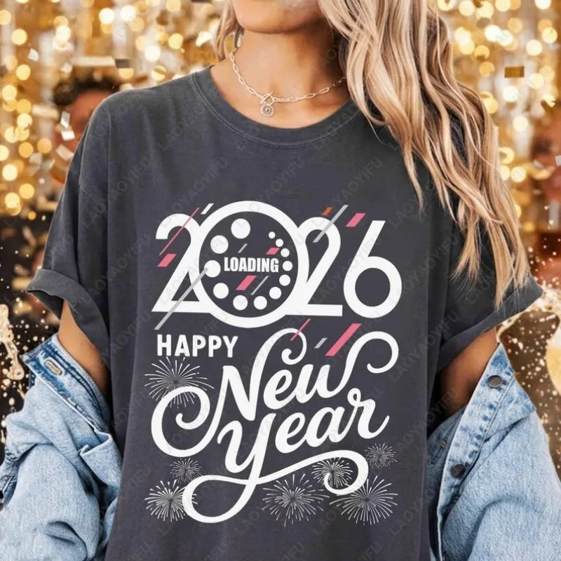 

2026 Loading Happy New Year Unisex Adult Cotton Shirt Funny Techy New Year's Eve Modern Countdown Tee NYE Party Outfit Gift Tops