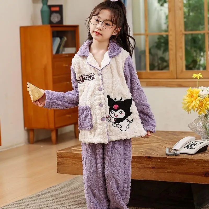 

Sanrio Kuromi Kids Flannel Pajamas Set Girls Winter Warm Fleece Loungewear Homewear 2025 Autumn Winter Children Sleepwear