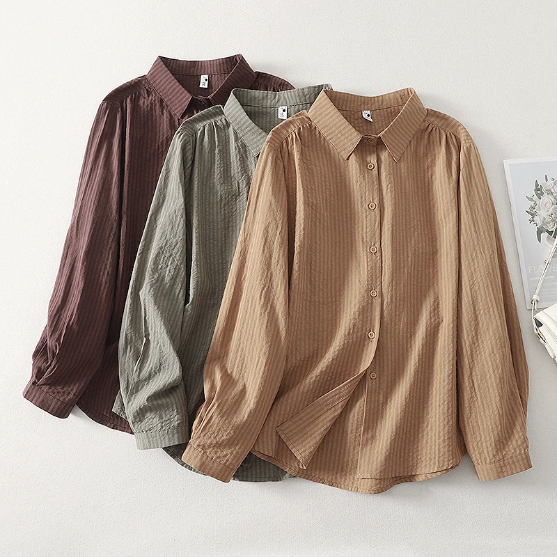 Primavera outono longo sve algodão irt feminino listra camada base vintage aberto cardigan fino cor pura versátil solto ajuste