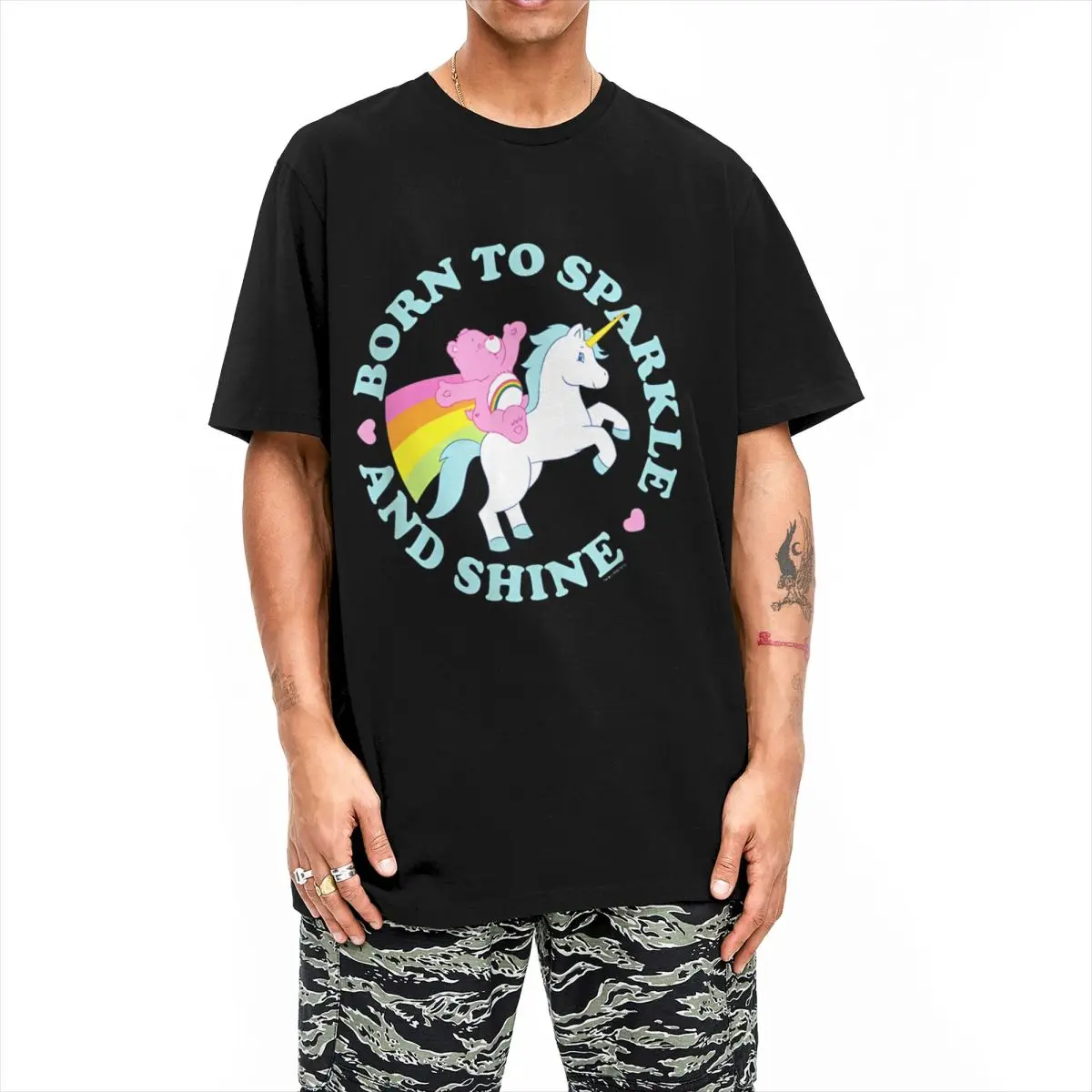 Men Women Care Bears Cheer Bear Unicorn Born To Sparkle And Shine T Shirt Cotton Tops Short Sleeve Tee Shirt Plus Size T-Shirts