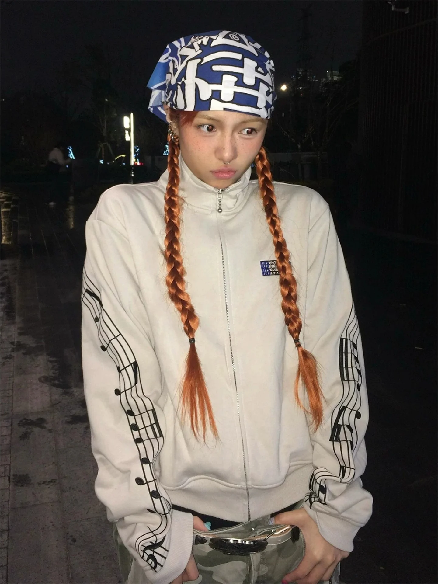 Y2K Millennium Spicy Girl Note Embroidery Open Cardigan Sweatshirt Unisex American Retro Light Street Stand Collar Jacket