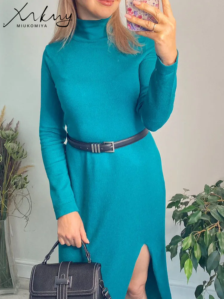 Knitted Sweater Dress For Women Winter Half Turtleneck Solid Slit Dresses Autumn Warm Long Sleeve Green Knit Dress Female 2024