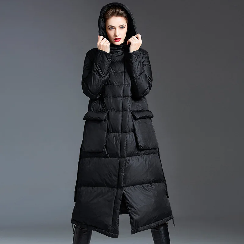 

Luxury High Quality Hooded Down Jacket Women Warm Winter Over The Knee 90% White Duck Down Thicken Puffer Jacket Trench Coat