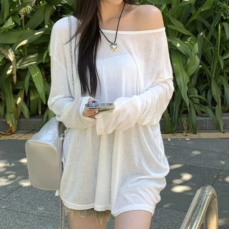 Sexy Sheer Baggy T-shirt for Women 2024 Summer Casual Fashion Loose Pullovers Chic Lazy Solid Color Off Shoulder Top Streetwear