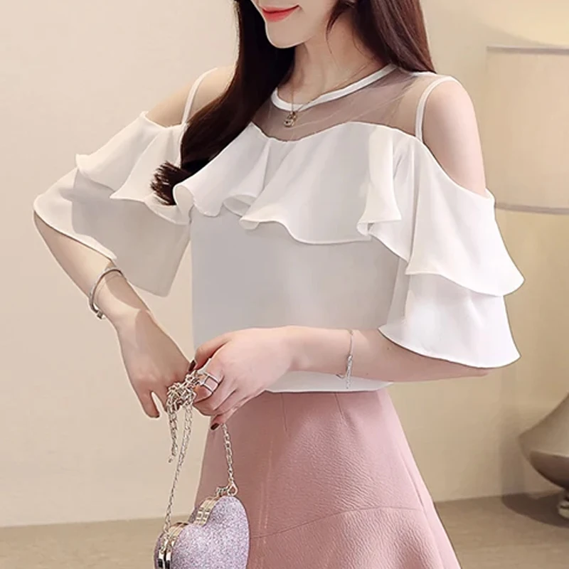 Elegant Summer Off Shoulder Women Blouses 2024 Office Lady Short Sleeve Shirts Fashion Casual Chiffon Woman Tops Clothes 4206