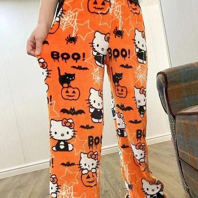 Halloween Hello Kitty Sanrio Flannel Sleeping Pants Kawaii Cartoon Anime Leisure Home Flannel Pants Home Sleeping Pants Toys