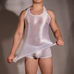 Camiseta interior transparente sin mangas para hombre, chaleco Sexy brillante al óleo, Tops finos brillantes, malla elástica transparente, seda de hielo suave, 2023