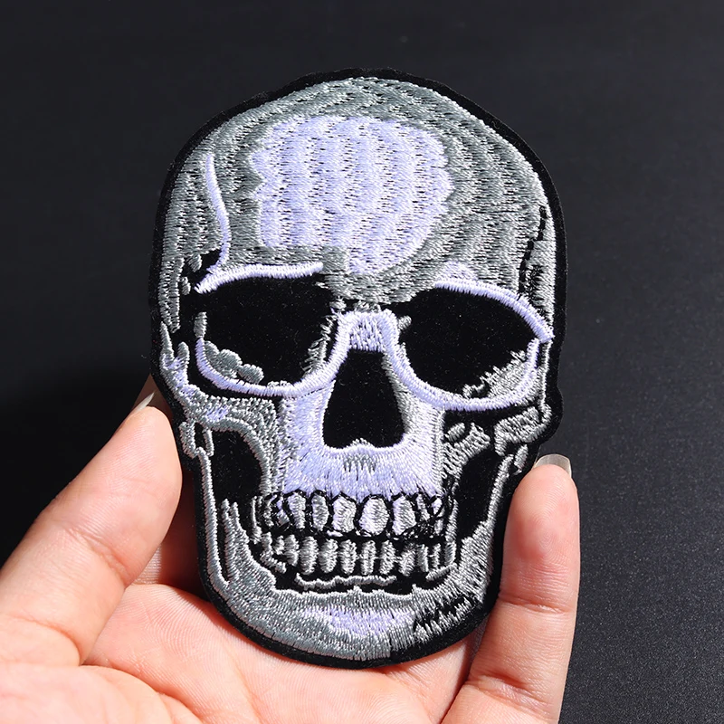 Punk Skull: 8.9x5.9cm Patches Embroidery Applique Ironing Sewing Supplies Decorative Badges For Clothing White Black