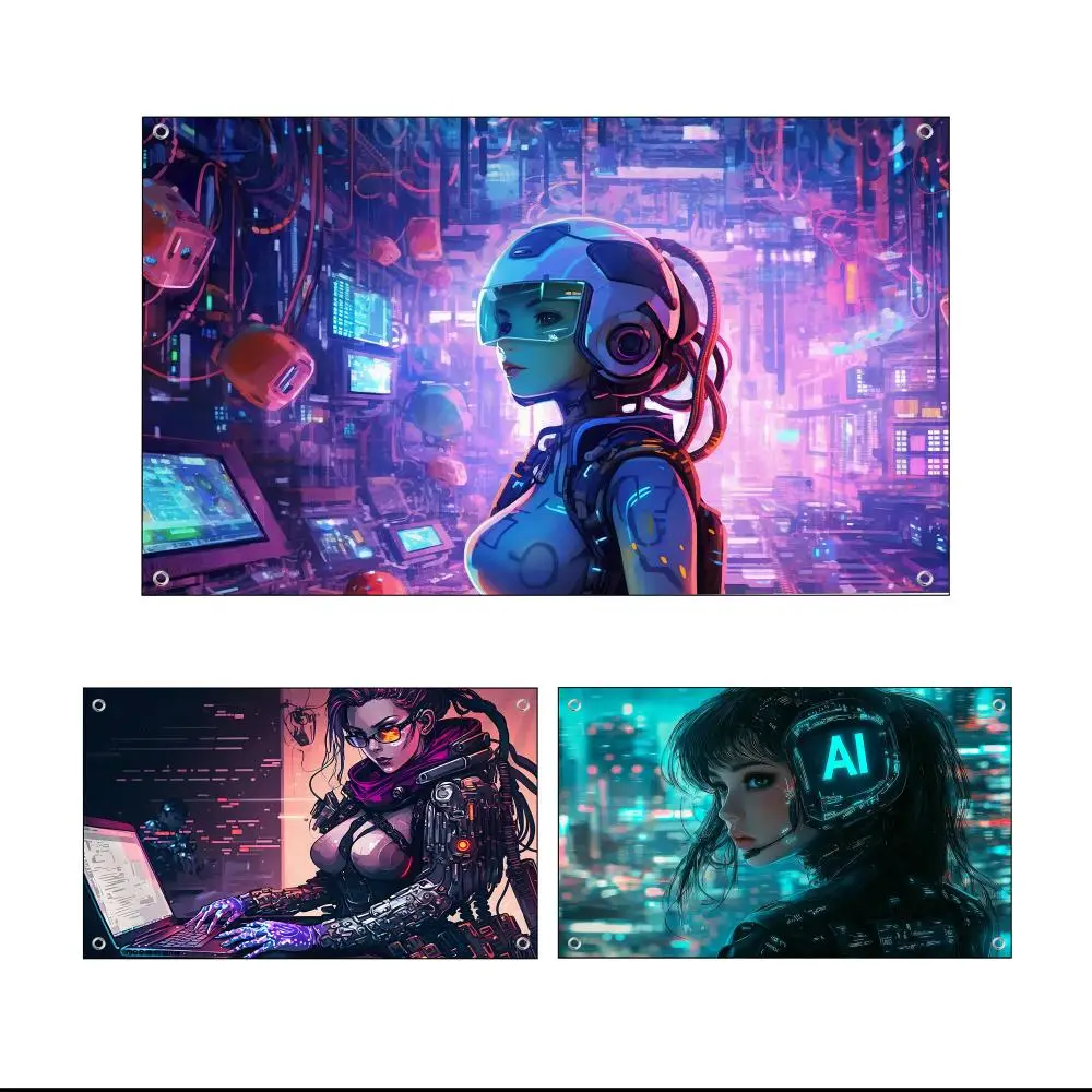 Robot Girl Coding Flags Custom Wall Hanging Background Art Banner For Bedroom Home Living Room Outdoor Decor