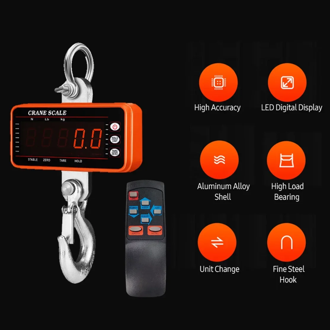 1500kg Digital Hanging Scale with 65ft Remote Control Heavy Duty 1000kg/500kg Crane Scale Dimmable LED Industrial Hook Scales