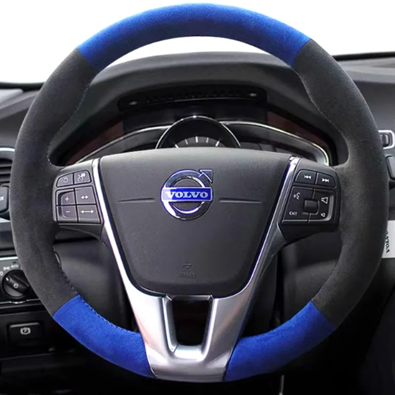 

Сшитый вручную чехол на руль автомобиля для Volvo S60 V40 V60 V70 XC60, синий замша и углеродное волокно, аксессуар для интерьера