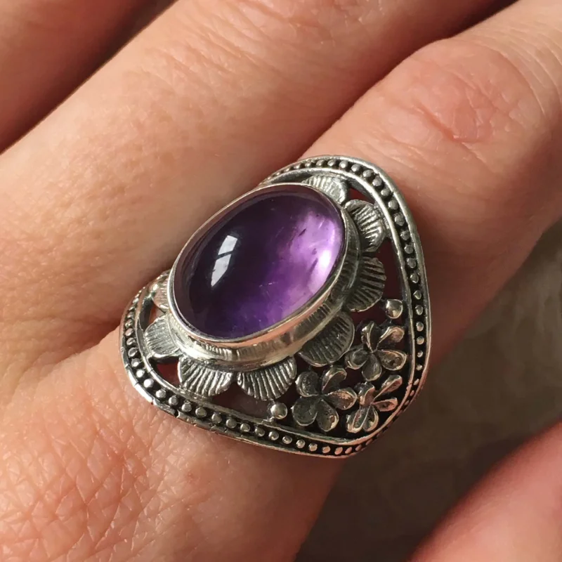 Exquisite Vintage Hollow out Flower Set Amethyst Nepalese Distressed Unisex Ring