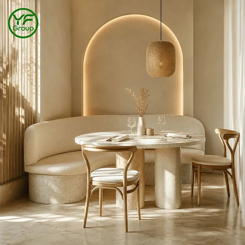 Factory Custom Restaurant Furniture Fabric Velvet Fabric Booth Seating Solid Wood Table and Chair Set for Cafe Hotel