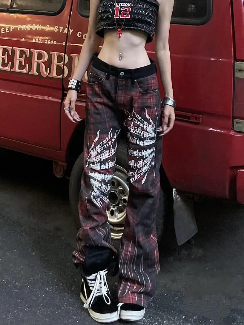 

Women Streetwear Jeans Checkered Goth Cyber Punk Abi Y2k Japanese Dark Academia Bootcut Jean Harajuku Long Trousers Denim Pants