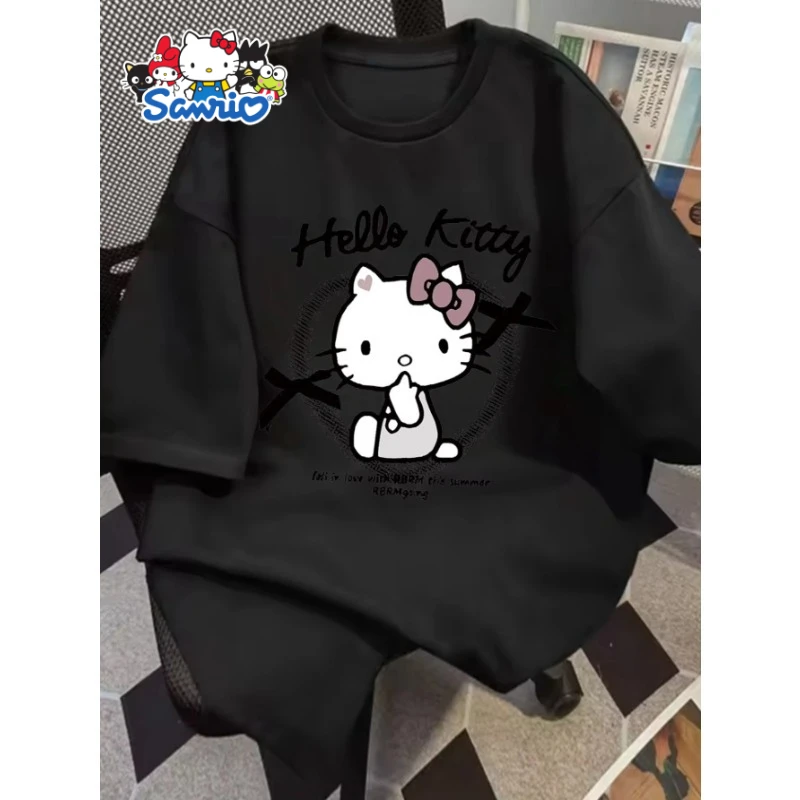 

Милая и милая футболка с принтом Hello Kitty Sanrio, новая летняя женская свободная повседневная футболка больших размеров с круглым вырезом и короткими рукавами