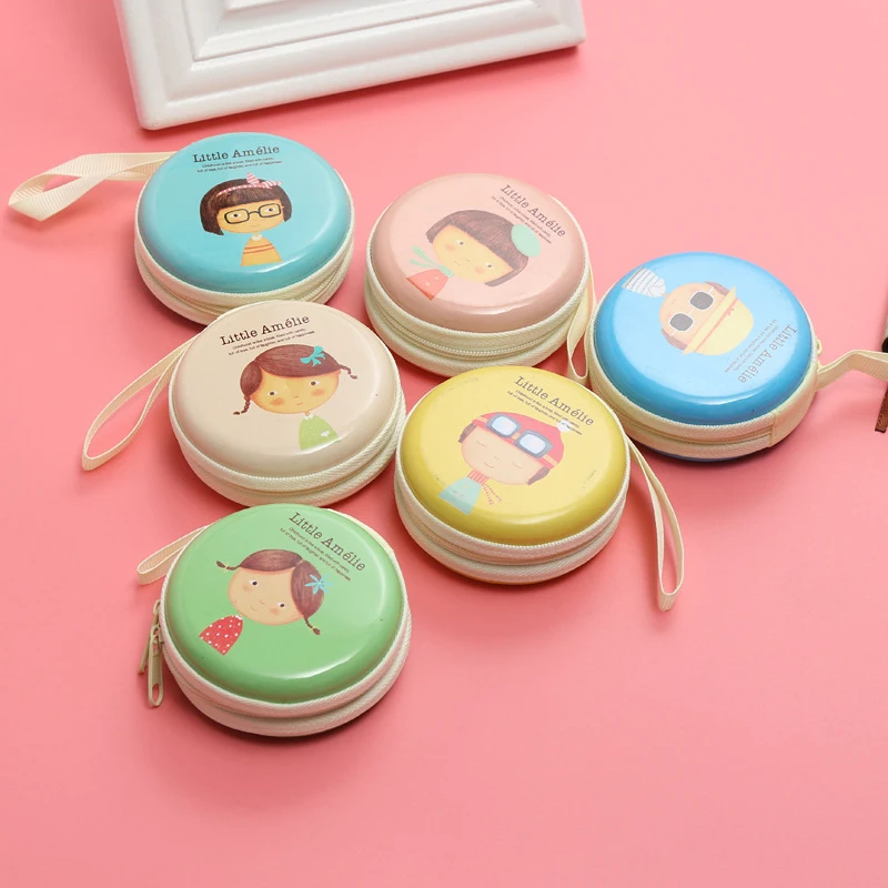 Creative Circular Coin Wallet Cartoon Girl Mini Zipper Bag Earphone Cable Storage Box Round Change Purse For Kids