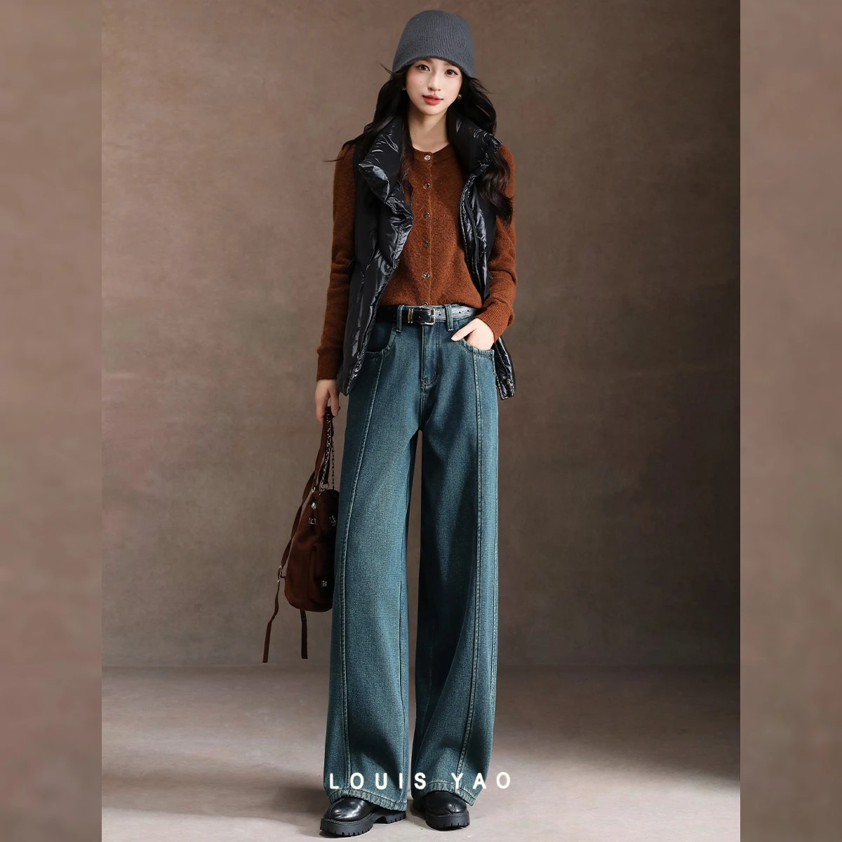 LOUIS YAO Denim Fleece-Lined Thickened Straight Leg Jeans 2025 Autumn/Winter Cotton Textured Loose High Waist Women's Long Jeans