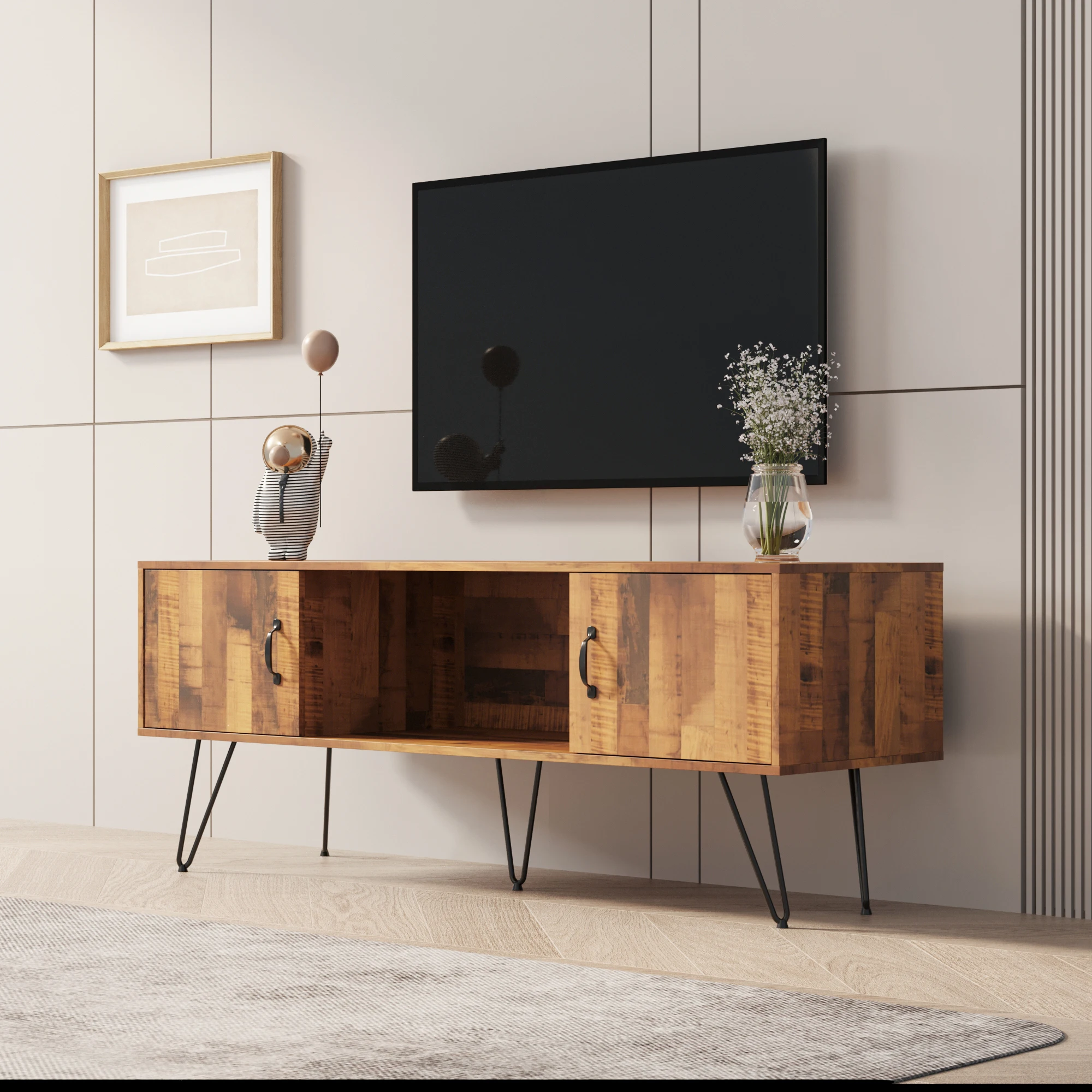 

TV Media Stand, 60 inch Wide , Modern Industrial, Living Room Entertainment Center, Storage Shelves and Cabinets