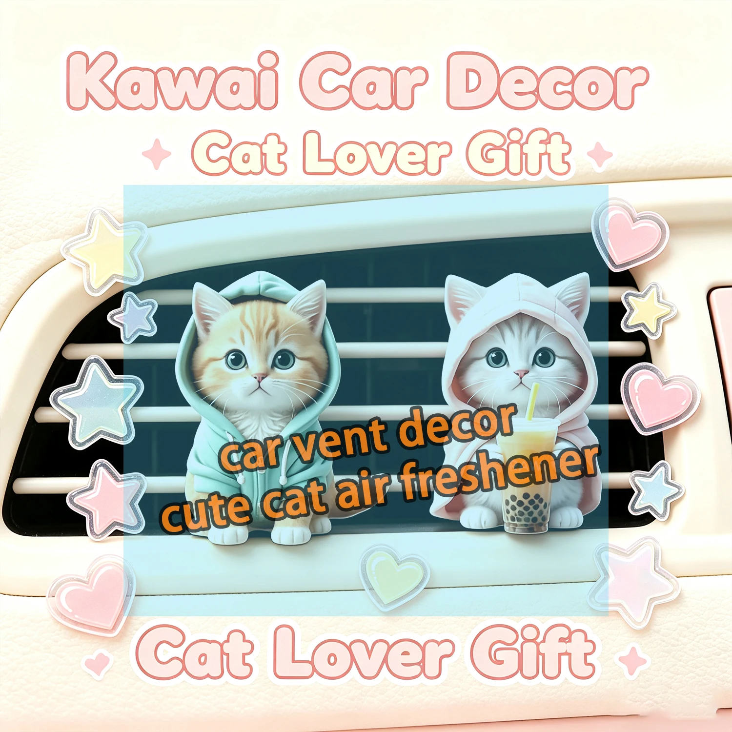 Cute Hooded Cat Air Vent Freshener Car Decoration Bubble Tea Kitten Auto Air Outlet Cartoon Cat Ornament Interior Accessory