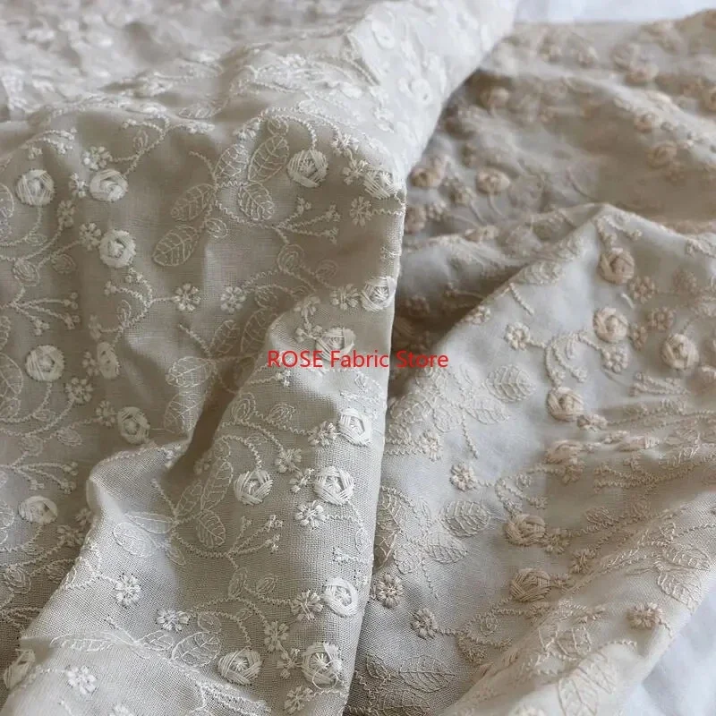 3D Flower Embroidered Cotton and Linen Fabric DIY Throw Pillow Table Cloth Sofa Home Decoration Fabric