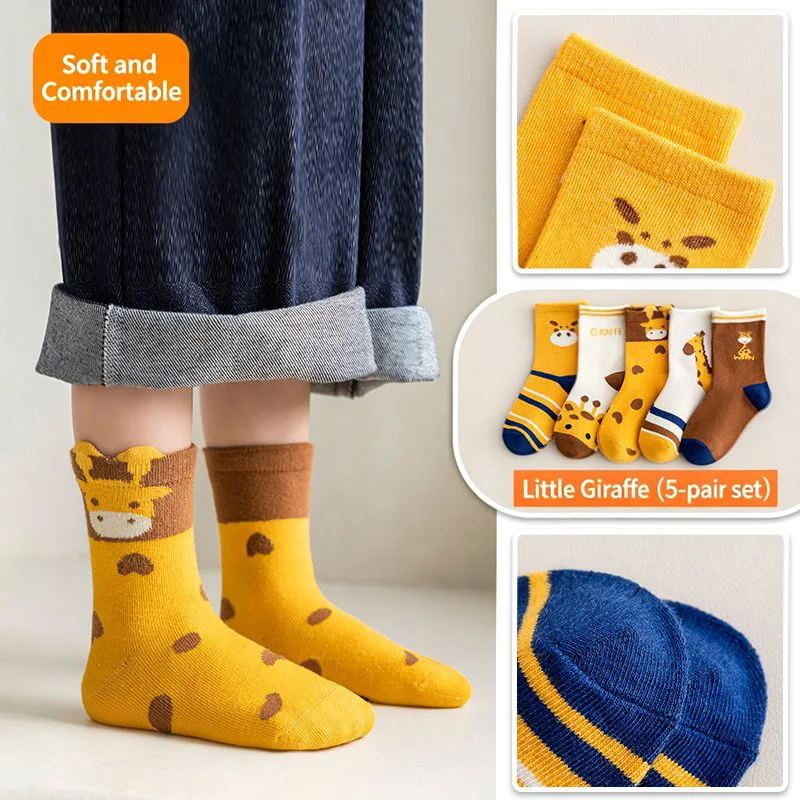5 Paar flach gestrickte Kindersocken mit niedlichem Giraffen-Cartoon-Motiv, weiche, atmungsaktive Socken für Kleinkinder, Jungen und Mädchen, geeignet für alle Jahreszeiten. – Detail 2