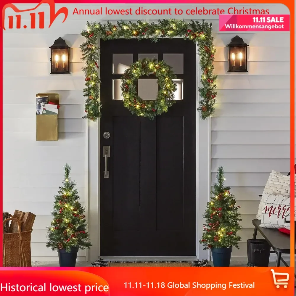 National Pre-lit White LED Lights Holiday Christmas 4-Piece Set | Garland, Wreath and Set of 2 Entrance Easter Christmas