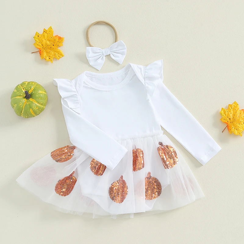 Vestido mameluco de Halloween para niña, manga larga, falda de lentejuelas fantasma de calabaza, mono con dobladillo y diadema, conjunto de 2 piezas