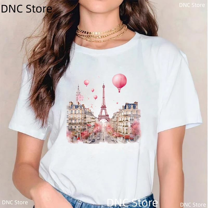 

2024 New Sailor Collar Clothing Fashion Paris Eiffel Tower Print Short Sleeve T-Shirt Trend Women Summer Y2k Short Sleeve Top