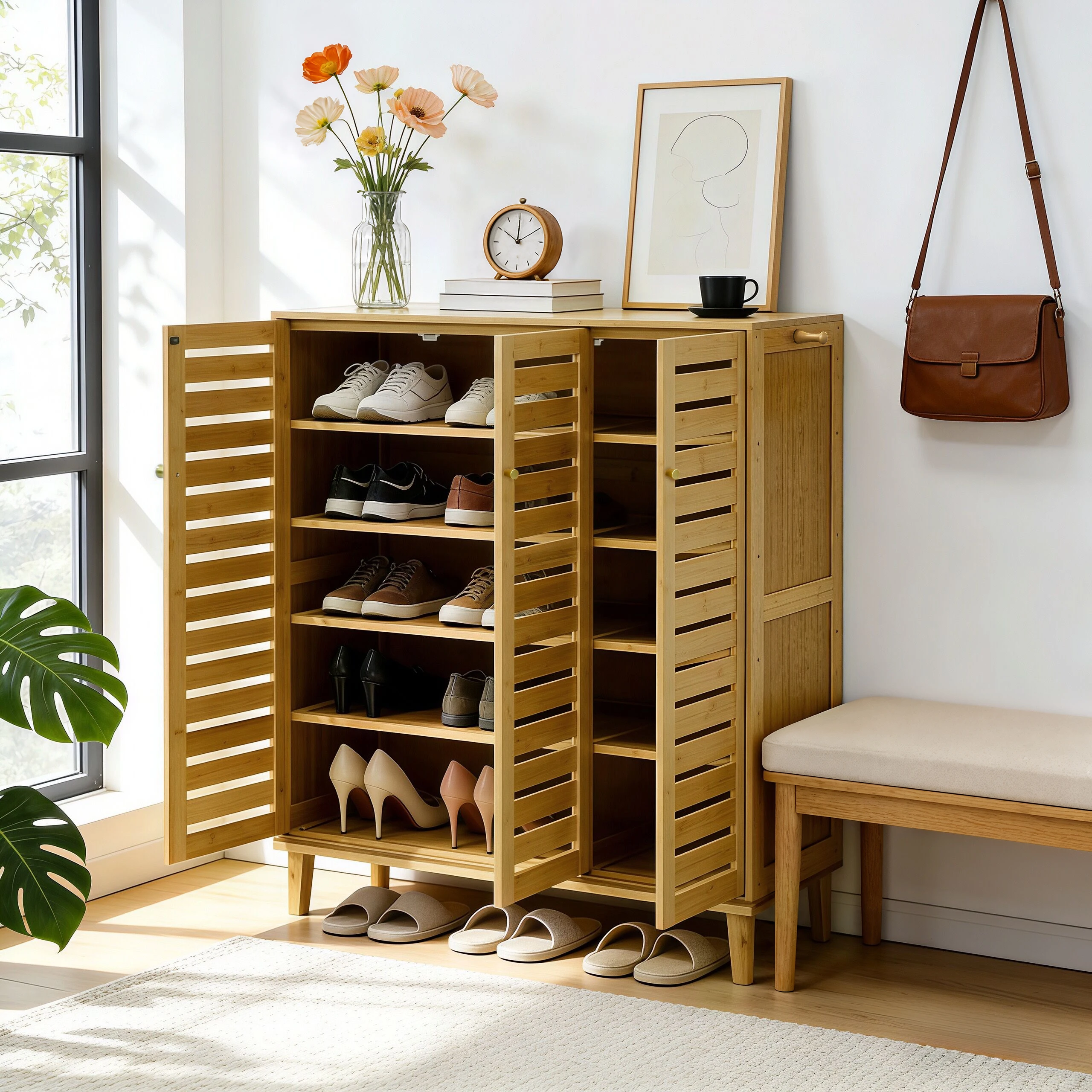Bamboo Shoe Storage Cabinet with Slatted Doors, 5-Tier Wooden Shoe Organizer Cupboard for Entryway Hallway, Freestanding Large Shoe Rack with Side Hooks & Magnetic Closure