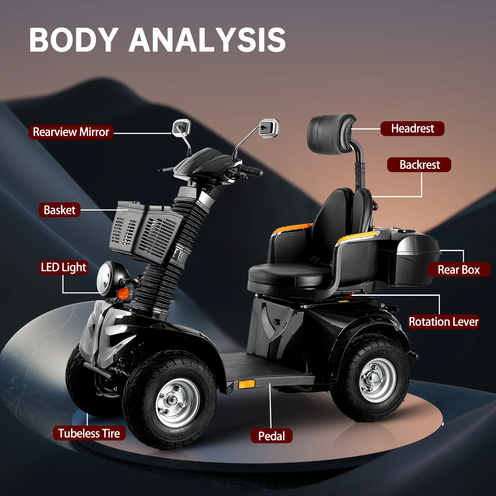 1000W Heavy Duty 4 Wheel Mobility Scooters 500lbs Weight Capacity, Powered Mobility Scooters for Seniors & Adult, 3 Speed Contro