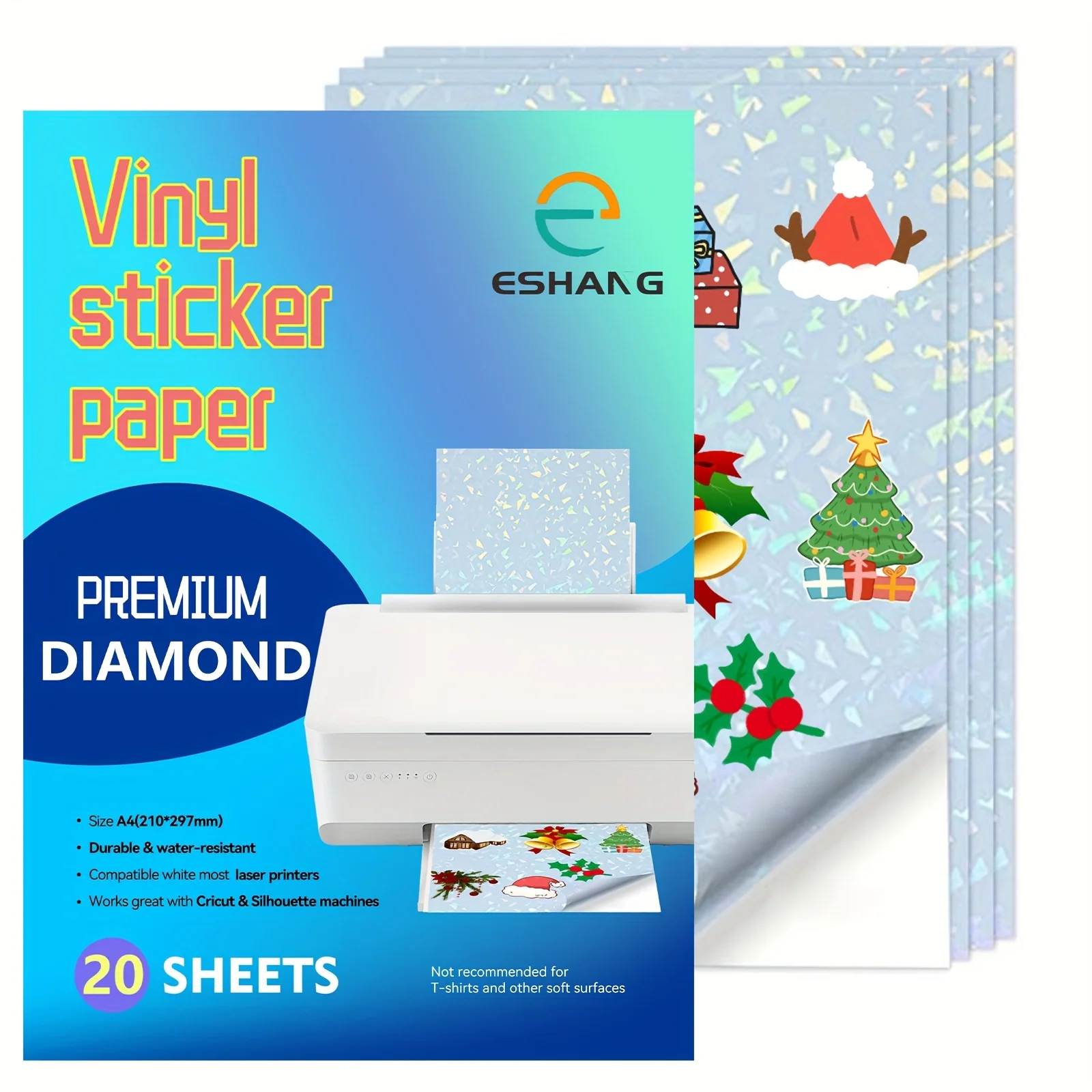 A4(8.3X11.7inch) Diamond Waterproof Premium Printable Vinyl Sticker Paper for Laser Printer Self-Adhesive Sheets