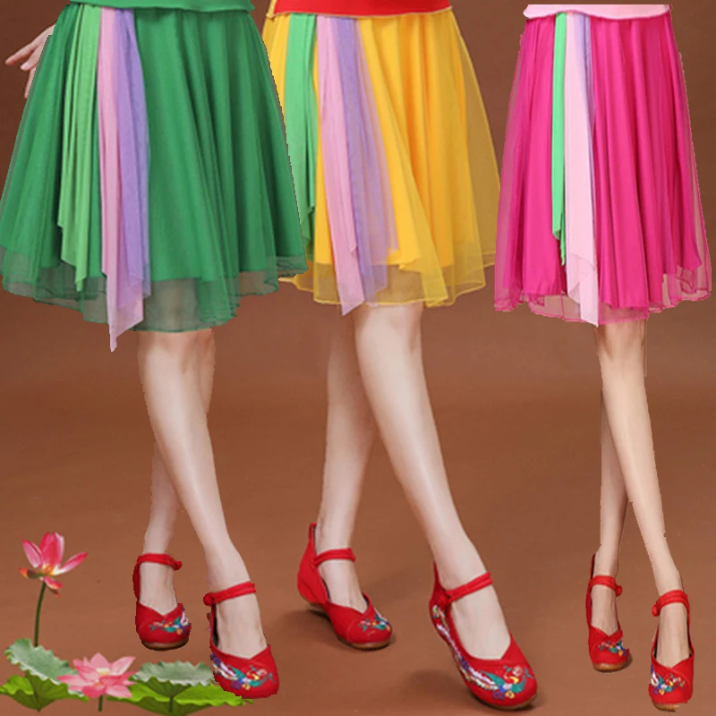 Ethnic Style Square Dance Skirt Summer Gauze Swing Skirt Wide-leg Pants Classical Dance Tops / Skirt Dance Performance Costume