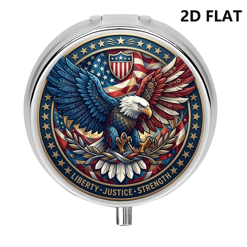 Single unit, flat, round box with 3 compartments, patriotic-themed box, metal storage box, decorative metal storage container, used for storing medication and vitamins, unique travel organizer