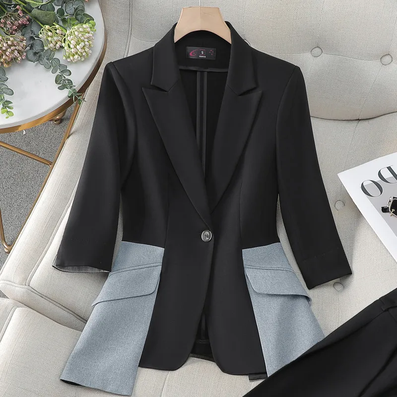 

NAVIU Temperament Patchwork Plaid Blazer For Women Office Lady Notched Jacket 2024 Spring New Tide Fashion Half Sleeve Coat Tops