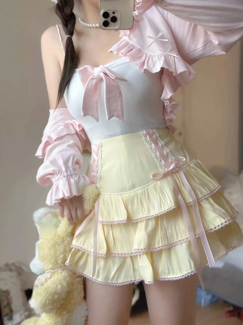 2024 Japon Kawaii Lolita Tarzı Pileli Etekler Kadın Yüksek Bel Pembe Bandaj Peri Y2k Estetik Etek Sevimli Faldas Mujer Moda