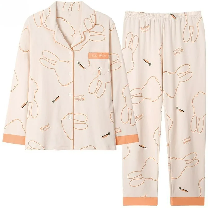 Pyjama en pur coton à manches longues pour femme, vêtements d'intérieur décontractés, vêtements de nuit confortables, vêtements de nuit simples, haut de gamme, grande taille, printemps, automne, 2024