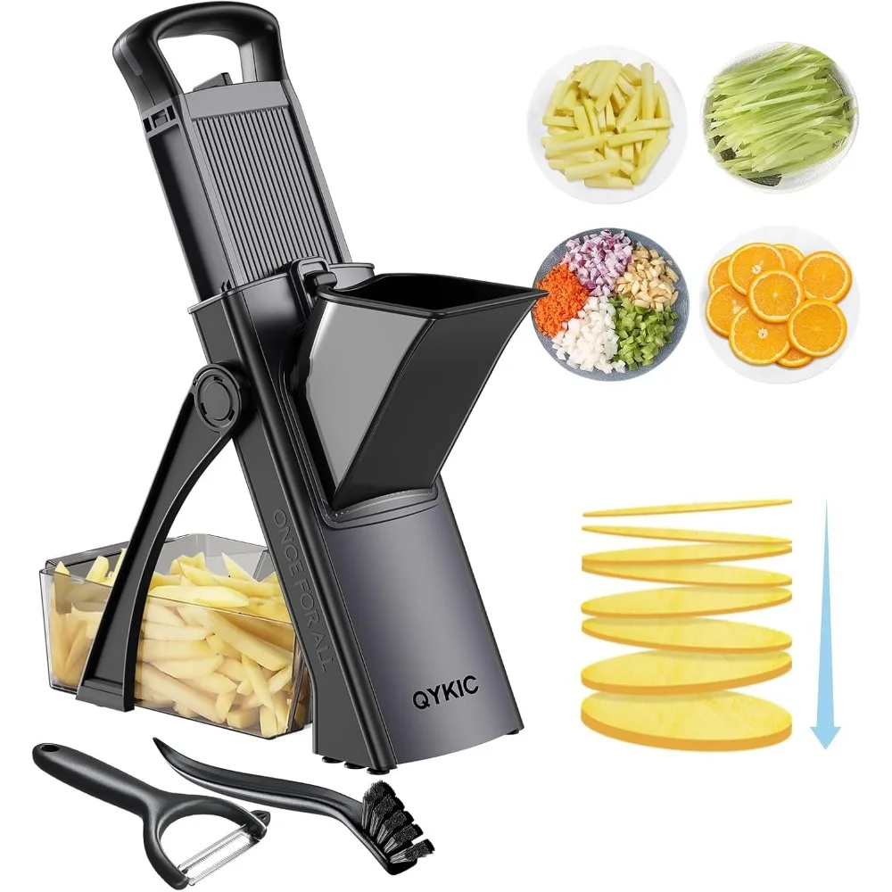 

Adjustable Mandoline Slicer for Kitchen, Vegetable Chopper with Peeler and French Fry Cutter in Black