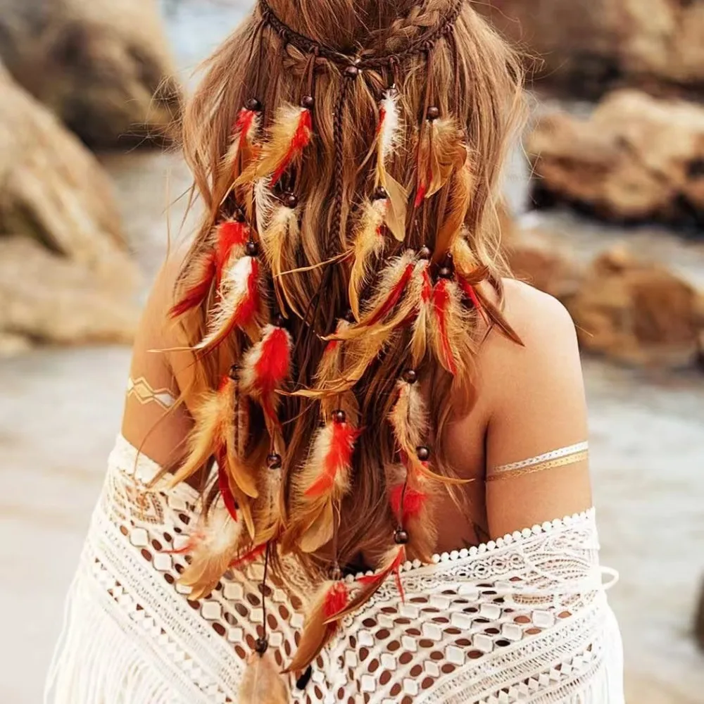 

Fashion Tassel Feather Headband Beaded Adjustable Boho Style Headdress Ethnic Bohemian Rainbow Indian Headband Photography Prom