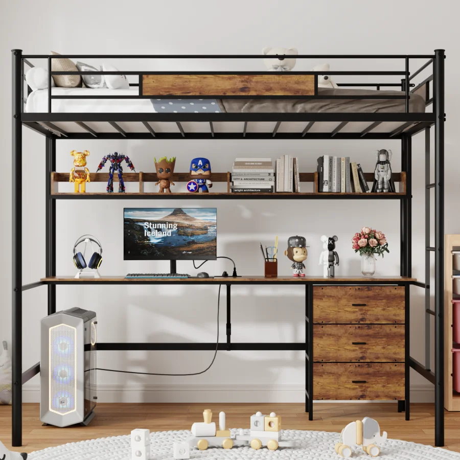 Loft Bed Twin Size with L-Shaped Desk, Charging Station, Twin Metal Loft Bed Frame with Fabric Drawers and Shelve, Safety Guard
