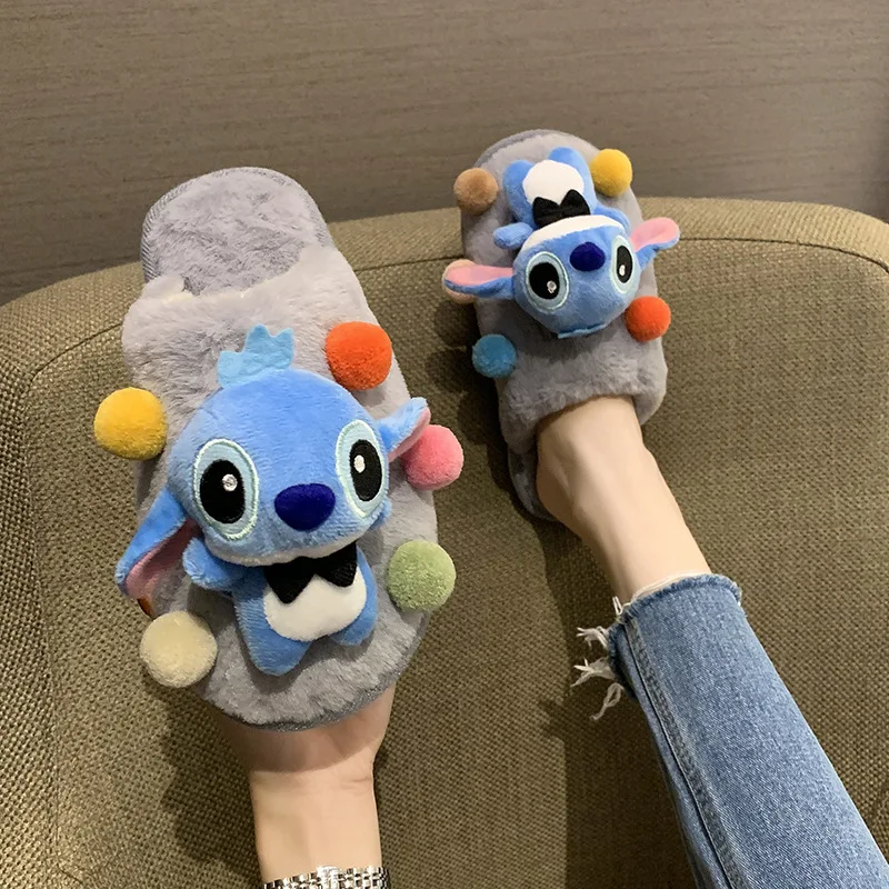 Disney Stitch cute pet cute autumn and winter plush women's cotton slippers home indoor non-slip bag head doll slippers