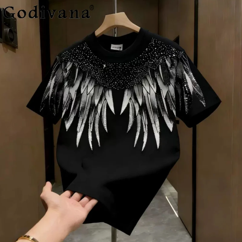

Spring Summer Fashion Handsome Heavy Industry Hot Diamond T-Shirts Versatile Personalized Print Crew Neck Short Sleeve T-Shirt