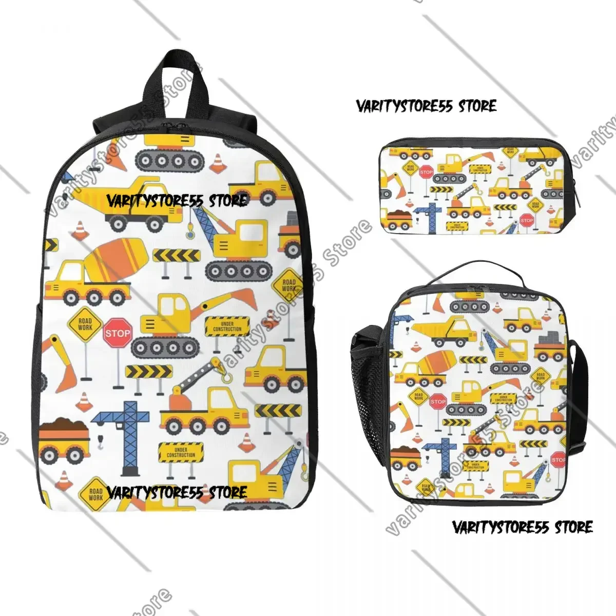 Road Work Under Construction Transportation Backpack Student Boys Girls BookBag School Bag 3ps Insulated Lunch Bag Pencil Case