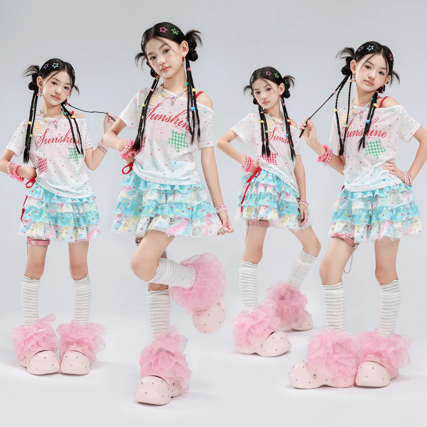 Girls Star Slant Shoulder Crop Tops Lace Skirt Kids Jazz Dance Outfits Y2K Streetwear for Girls Hip Hop Stage Performance Wear