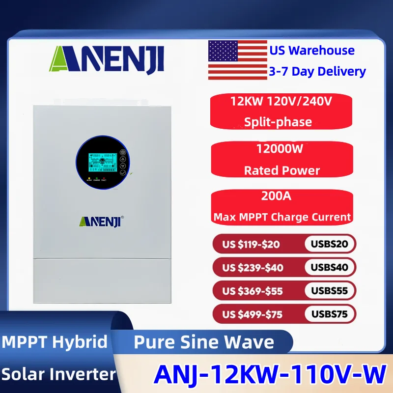 ANENJI Split-Phase 12KW 120v/240v Parallel Solar Inverter Hybrid Dual MPPT Dual Output Built-in MPPT 200A Solar Charger With CT Sensor