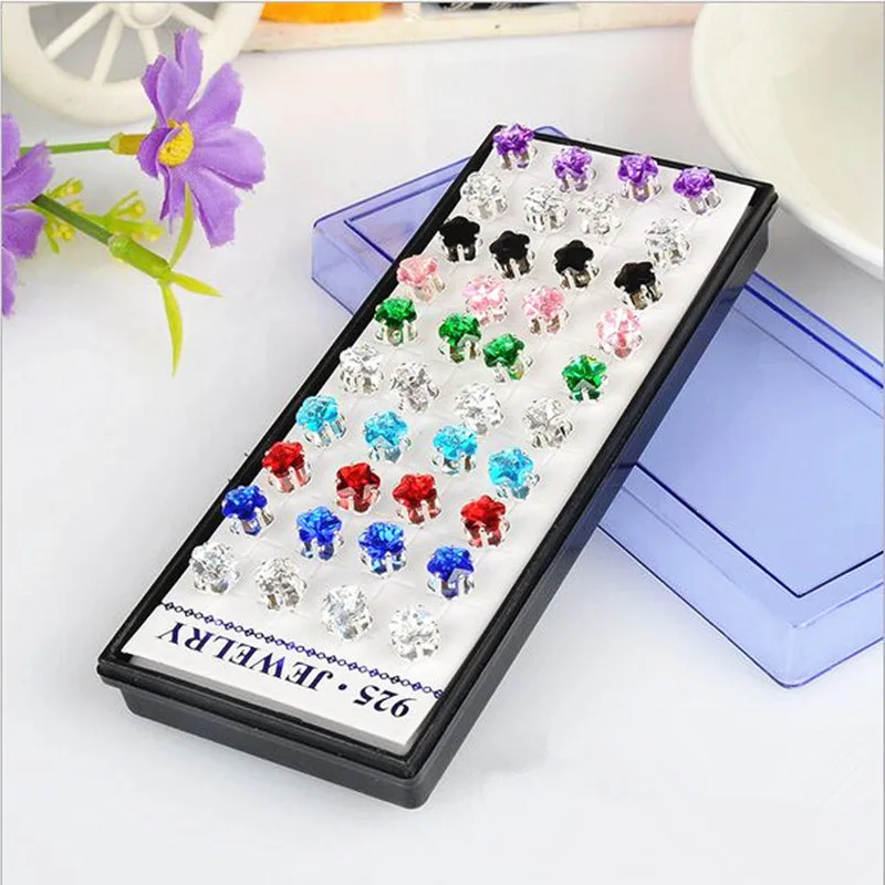 

Set Of 40Pcs 925 Sterling Silver Plum Blossom Women Earring Studs Mixed Color Cubic Zirconia Fashion Jewelry Party Gift