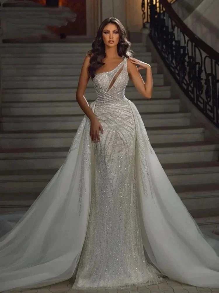 Customized  Mermaid Sparkly Sequins Bead Wedding Gown One Shoulder Bridal Dress Luxury Elegant Bride Robe Vestido De Novia