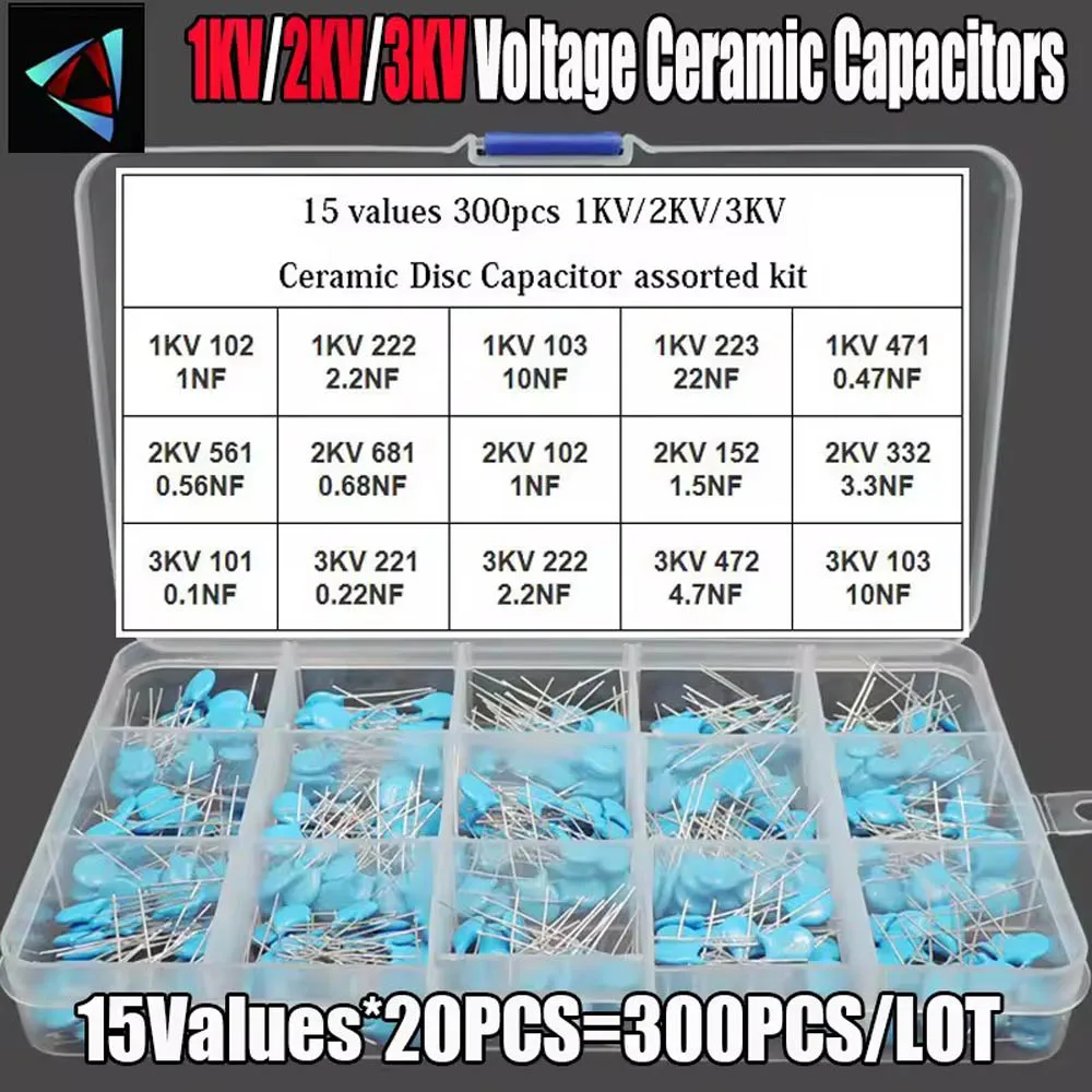 300Pcs/BOX 15Values 1KV/2KV/3KV 0.1nF-22nF 102 222 103 223 472 561 681 High Voltage Ceramic Disc Capacitor Assorted Kit