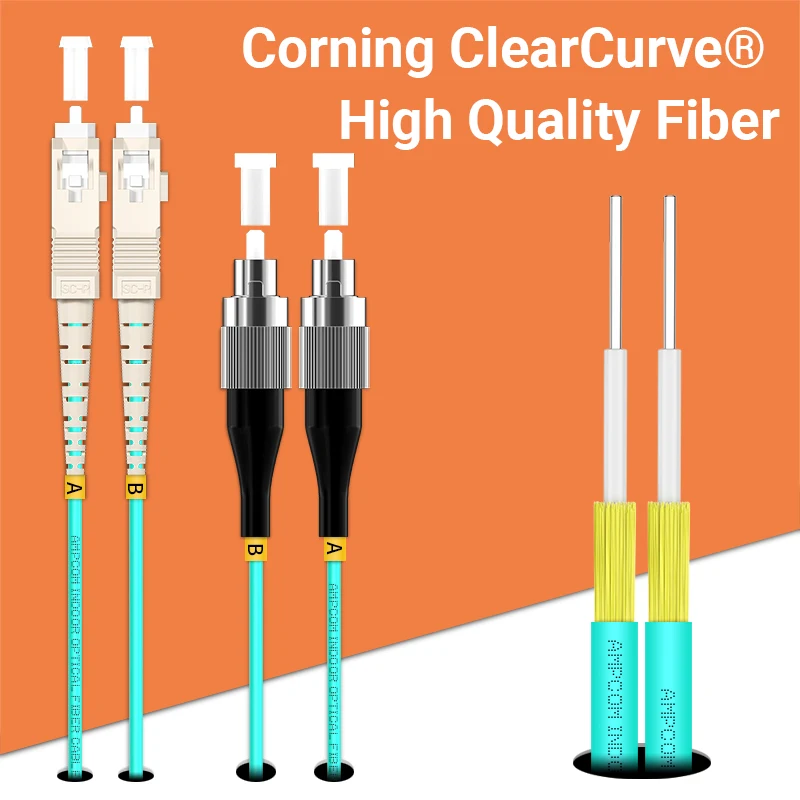 AMPCOM-OM3 SC to FC UPC 광섬유 패치 케이블, 다중 모드 이중 척도 50/125μm 10Gbps 구부러지지 않는 2.0mm 광섬유 코드