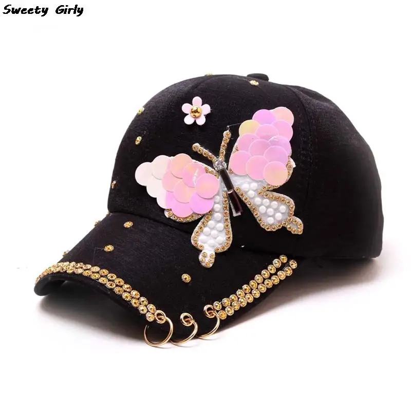 Butterfly Diamond Baseball Caps Women Studded Outdoor Golf Cap Ladies Casquette Hat Metal Rings Sun Hat Shiny Jewelry Visors