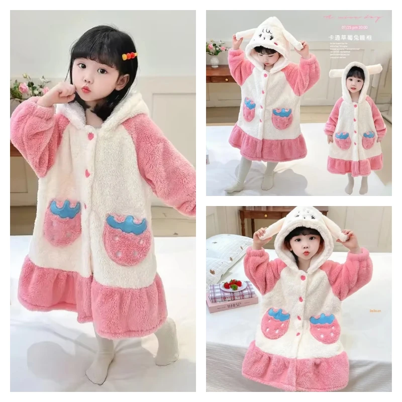 حار Kawaii فتاة الأزياء منامة طالب الشتاء رشاقته عارضة الكرتون الفانيلا مقنعين طويلة الأكمام البشكير ملابس الأطفال